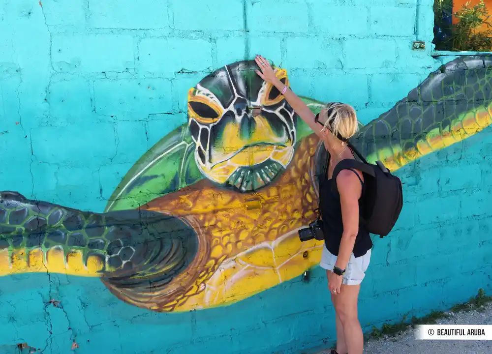 Muurschildering zeeschildpad in San Nicolas